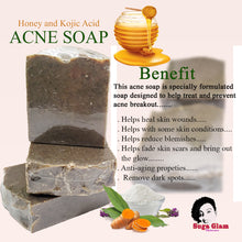 Load image into Gallery viewer, Honey Kojic Acid Acne Soap: This acne soap is specially formulated soap designed to help treat and prevent acne breakout.  Helps heal skin wounds, helps with some skin conditions, Helps reduce blemishes, Helps fade skin scars and bring out the glow, and Anti- aging Propeties, Remove dark spots.
