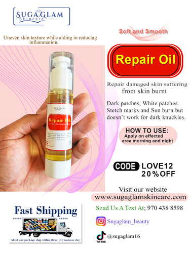  Repair Oil: Repair damaged skin suffering from skin burnt Dark patches, White patches. Stretch marks and Sun burn but doesn’t work for dark knuckles.

HOW TO USE: Apply on effected area morning and night